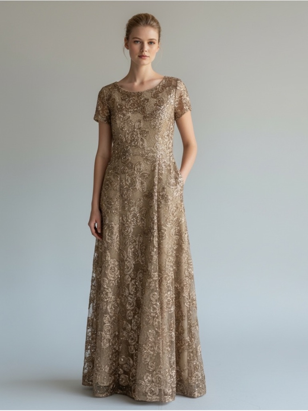 Alex Evenings Mocha Gold Evening Gown Dress Size 14P Goddess Wedding Party